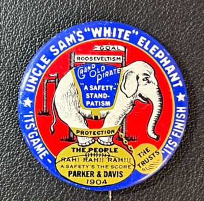 VTG '76 Uncle Sam's White Elephant Enamel Pin 1 3/4'' Parker & Davis Politics US!