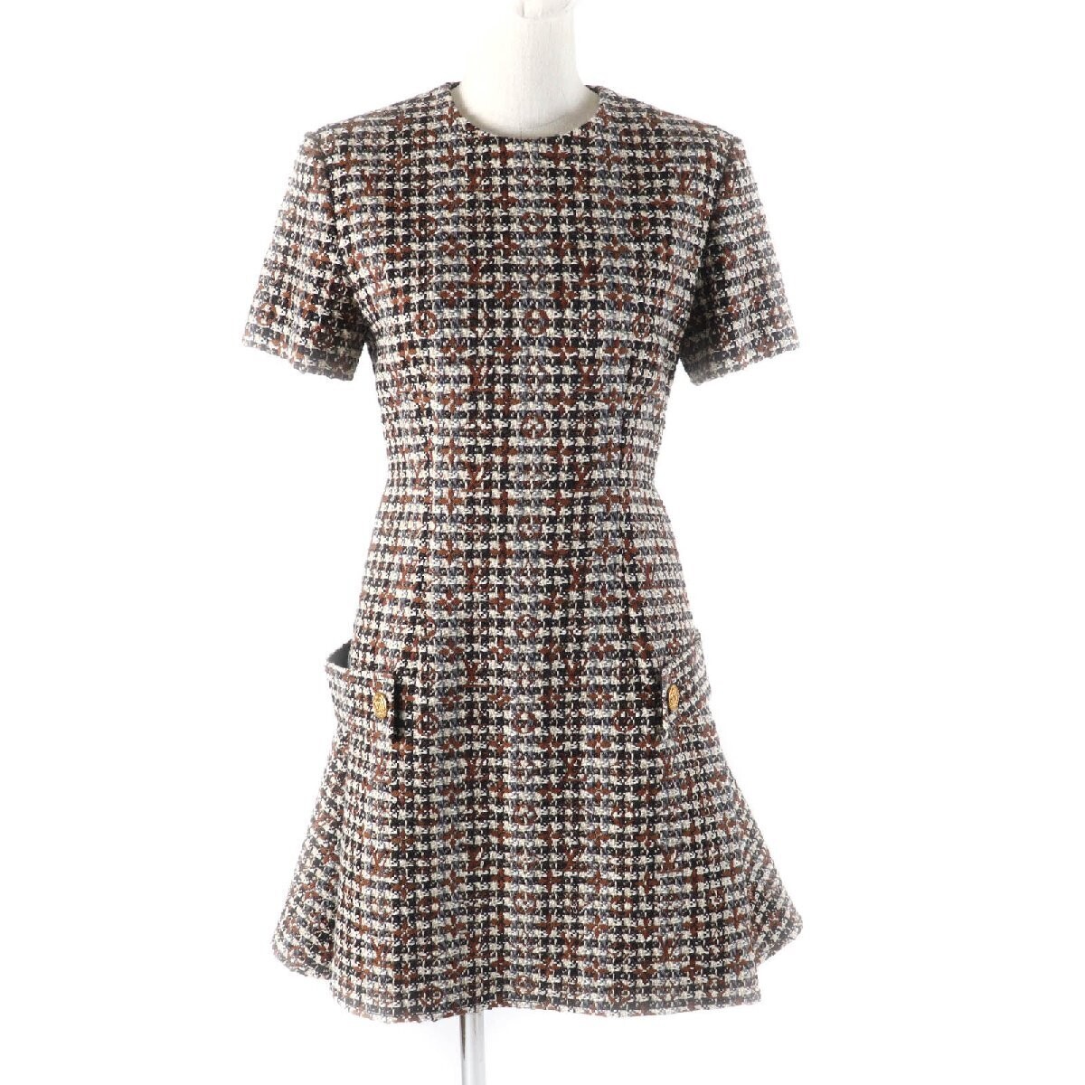 short louis vuitton dress LOUIS VUITTON 22AW Mohair Blend Short Sleeve Tweed Dress Multi 34