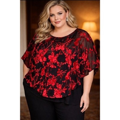 Amana Red Velvet Black Sheer Witchy Goth Dark Romantic Poncho Top Women's 2X
