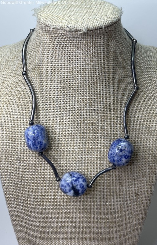 925 Sterling Sodalite & Curved Bar Beaded Necklace 46.6g