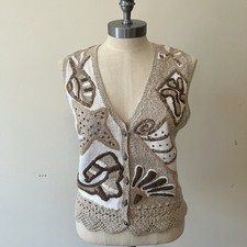 VTG Women  s Crochet Knit Vest White Brown Beach Shells Sz.M Embroidered Resort