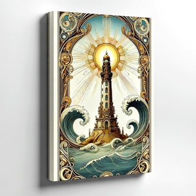 Canvas Lighthouse Ocean Waves Nouveau Sunburst Coastal Poster For Living Decor