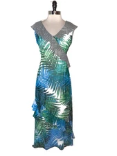 CALVIN KLEIN Size 12 Maxi Dress Black Blue Green Tropical Leaves Sleeveless