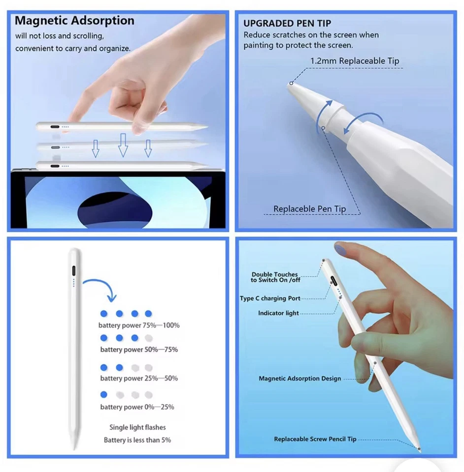 Lápiz óptico compatible con Apple iPad 2018-2024 indicador LED USB-C recargable Foto 3 de 4