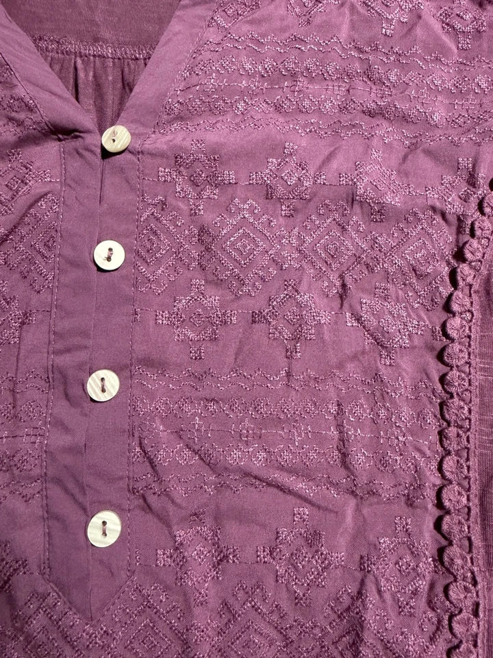 Democracy Women’s Blouse Size L Embroidered Boho Style Button Up Purple - Image 2 of 4