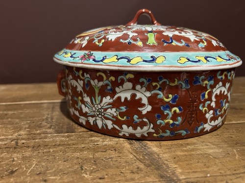 Vintage handbemalte chinesische Porzellan Deckeldose Teller - Bild 3 von 6