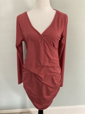 in due time maternity Ribbed Coral Orange Nursing Dress Ruched Sides Size Small