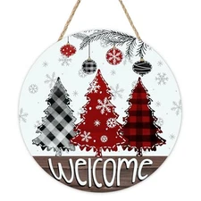Welcome Christmas Tree Front Door Sign, Farmhouse Xmas Ball Buffalo Plaid 