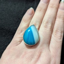 Silver Plated Dyed Blue Agate Gemstone Oval Statement Ring - Adjustable Size 5-8