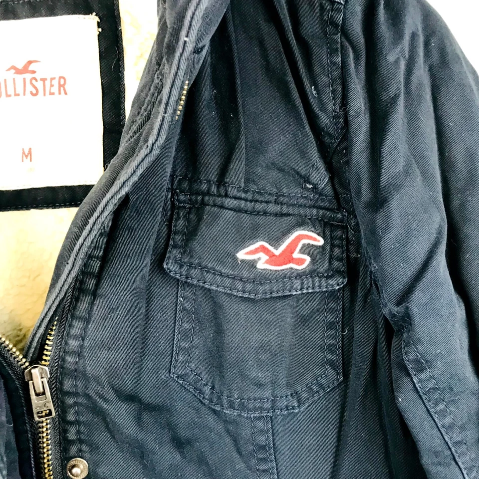 Hollister Veste Parka Femme M Bleu Capuche Fourrure Doublure Sherpa Zippée - Photo 3/4