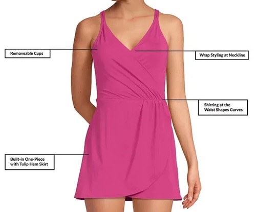 Lands End Womens Large 14/16 Swimsuit Swim Dress Pink Adjustable Strap Pull On - Picture 17 of 19