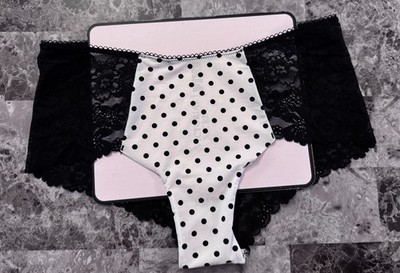 NWT VICTORIA'S SECRET PINK M BLACK POLKA DOT FLORAL LACE NO SHOW CHEEKY PANTIES
