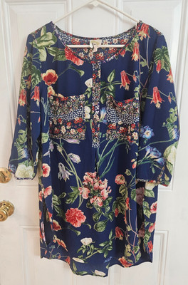 Fig & Flower Womens Plus 1X Tunic Top Button Front Blouse 3/4 Sleeve Shirt