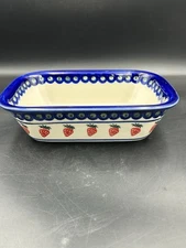 Polish pottery hand painted rectangular baker strawberry peacock pattern