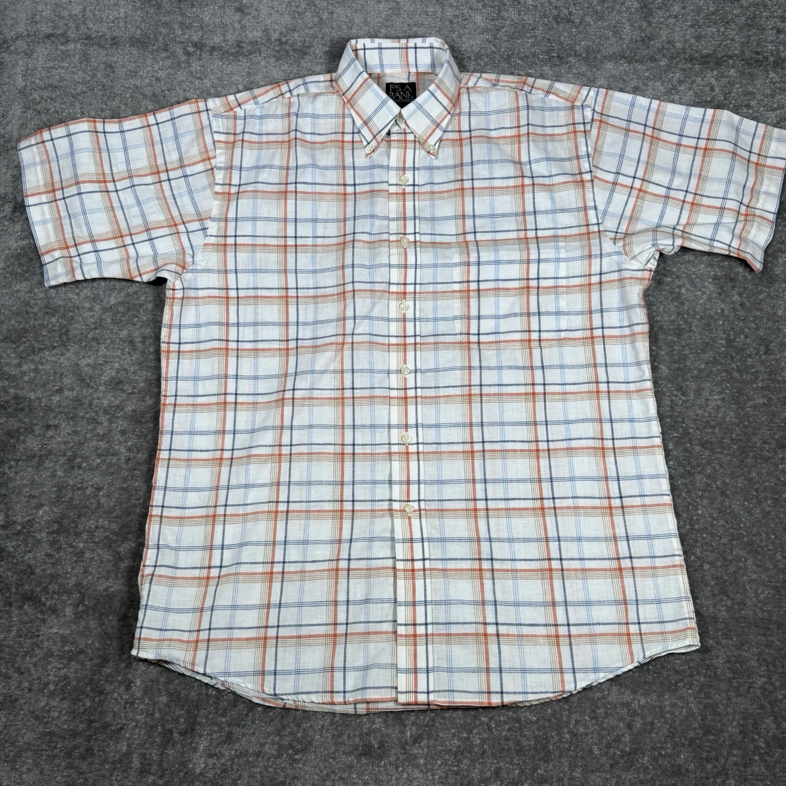 Jos A Bank Shirt Men’s Medium White Plaid Linen Shirt Sleeve Button Up Travelers
