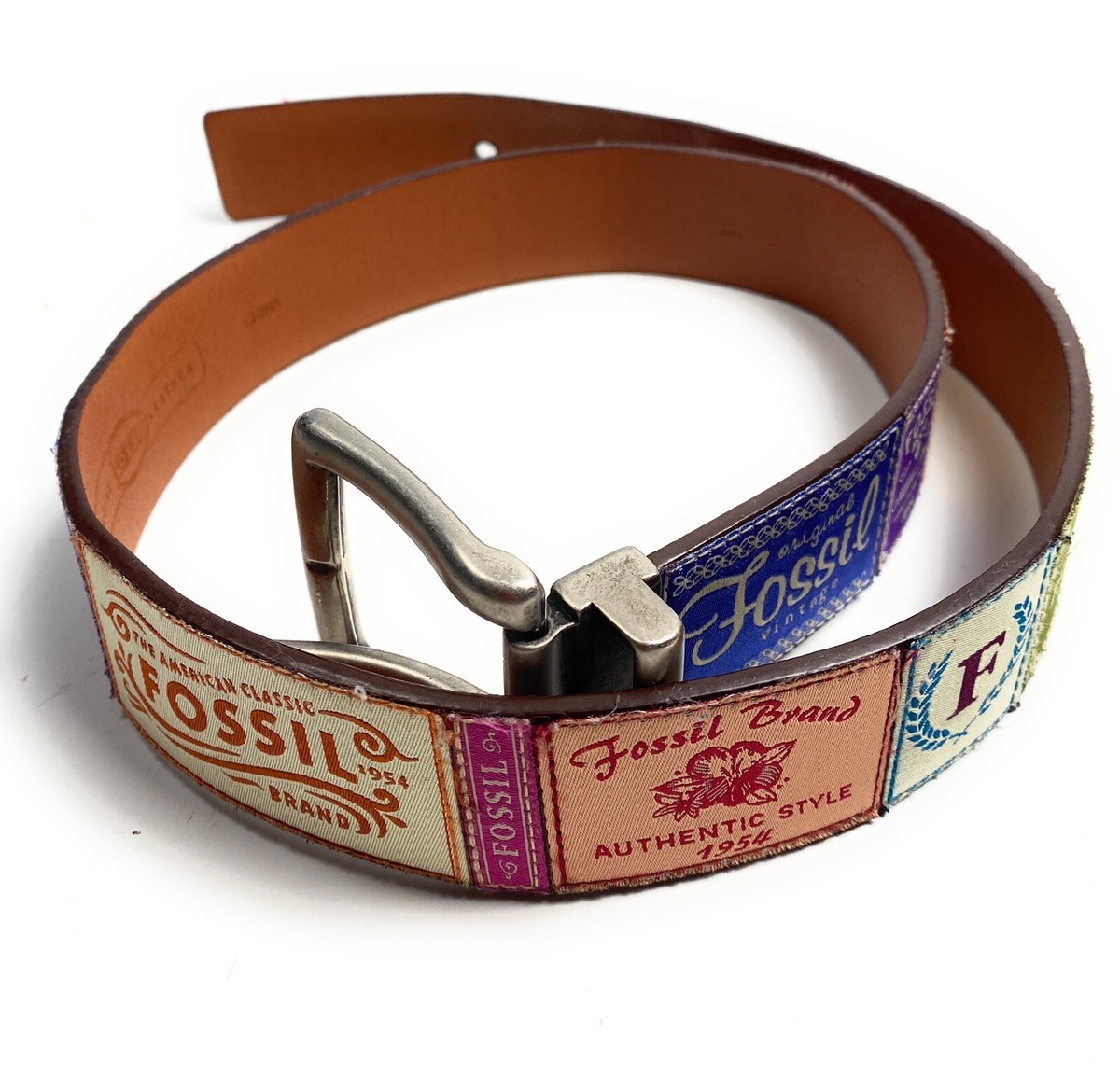 Fossil Belt Leather Stitch Patchwork Farm Hippie Retro 41