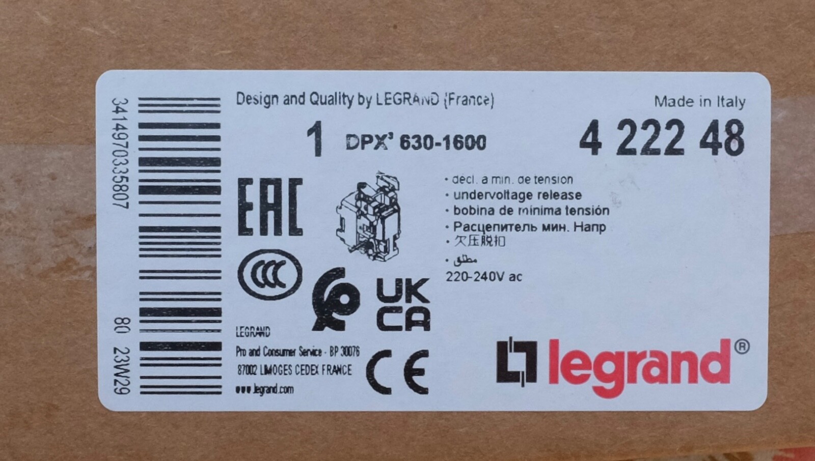 Déclencheur minimum de tension Legrand 4 222 48 pour DPX³-I1600 et DPX³I63