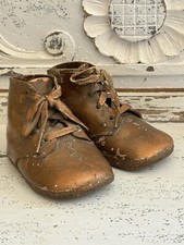 Vintage Copper Bronze Baby Booties Small Toddler Lace Shoes Decor