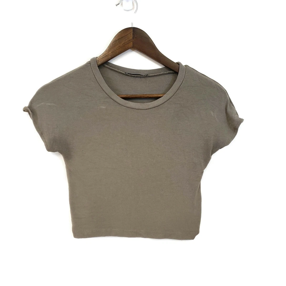 Zara Trafaluc Womens Olive Green Short Sleeve Crop T Shirt Size S Solid Fitted