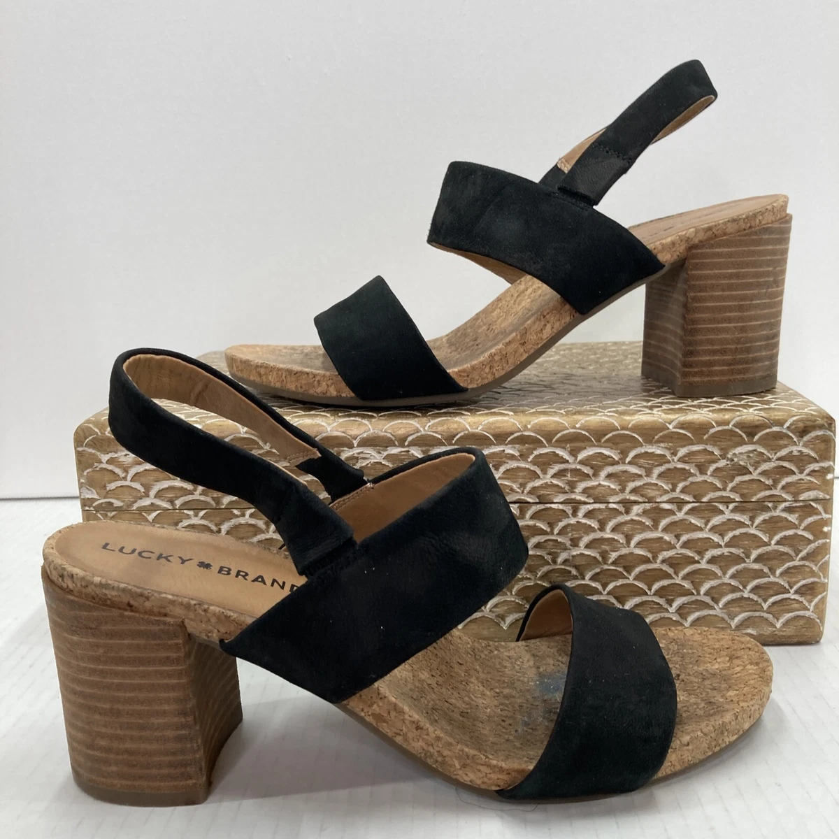 Lucky Brand Jobina Leather Sandals Women s Size Black Strappy Cork Footbed