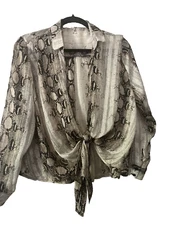 Wrap Top Blouse with Snake Animal Print and Long Sleeves Women's Size M Flowy