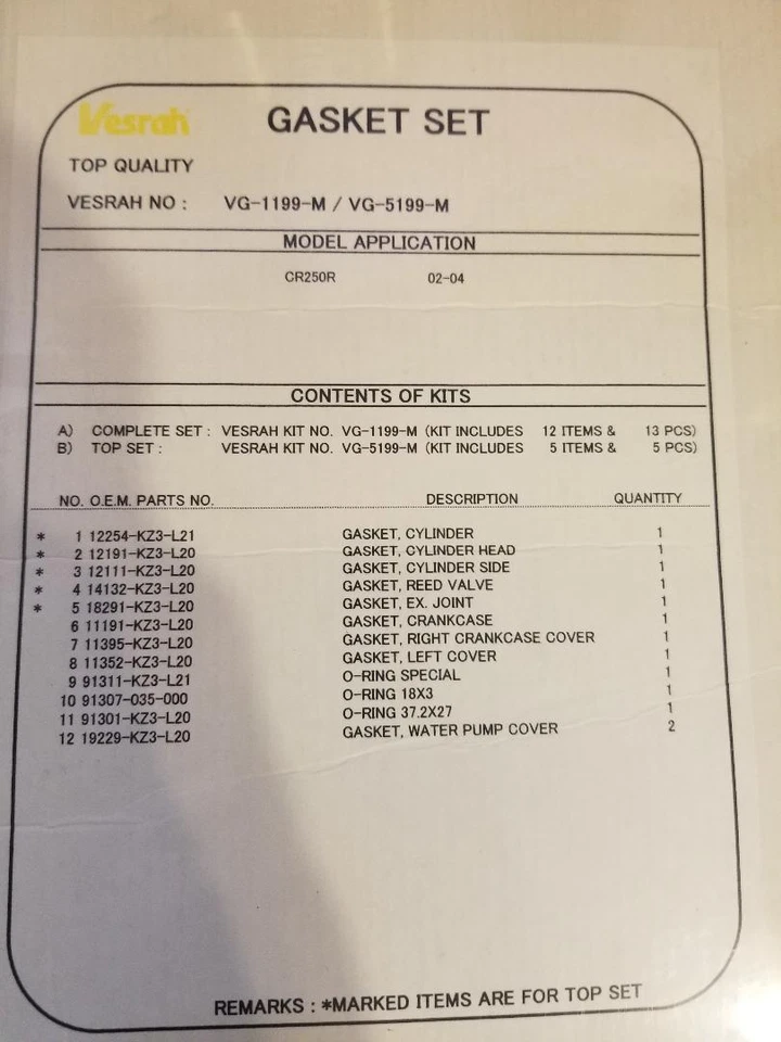VESRAH HONDA 完整气囊套装零件 #VG-1199-M 2002-2003 CR250R — 第 4/4 张图片