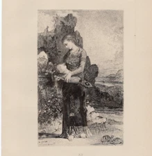 SYMBOLIST WOMAN & MYSTICAL LUTE - Lyre Turtles & Rocky Shoreline 1894 Engraving