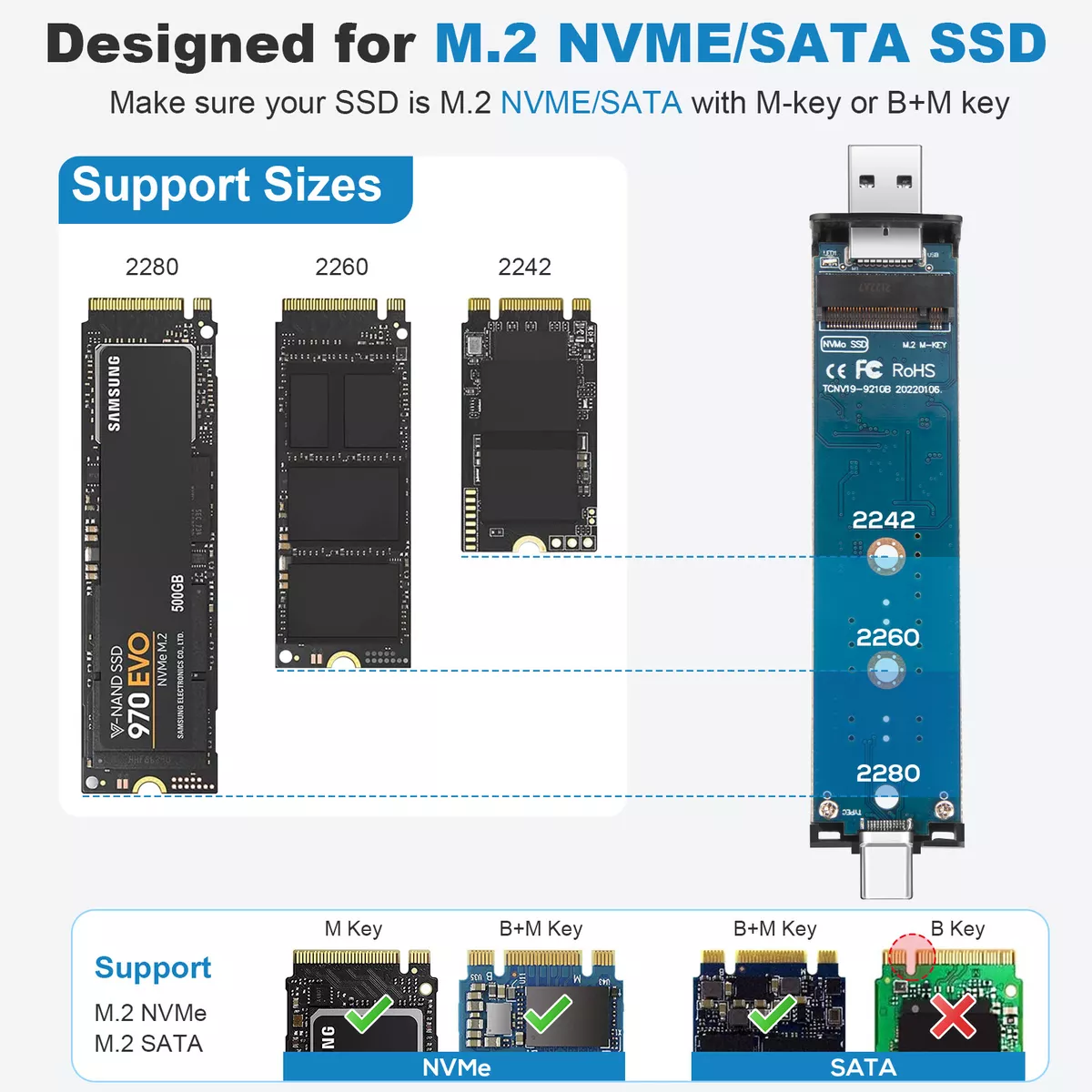 M.2 NVMe PCI E SSD to USB 3.2 Type C Enclosure Case Converter Adapter M B M Key
