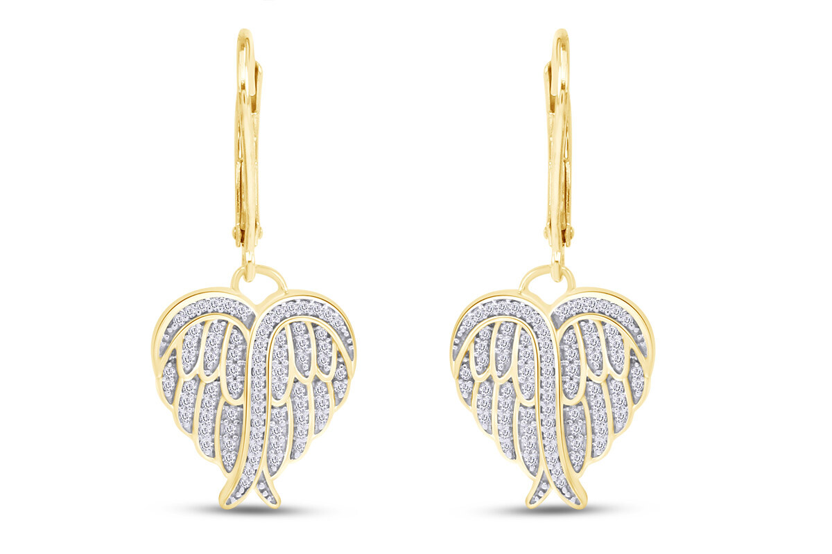 Angel Wing Drop Earrings with Round CZ in Sterling Silver