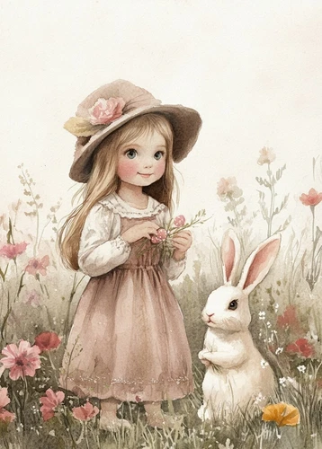 print ACEO Art Card Rabbit Girl Garden Flower Bunny Animal Limited Edition