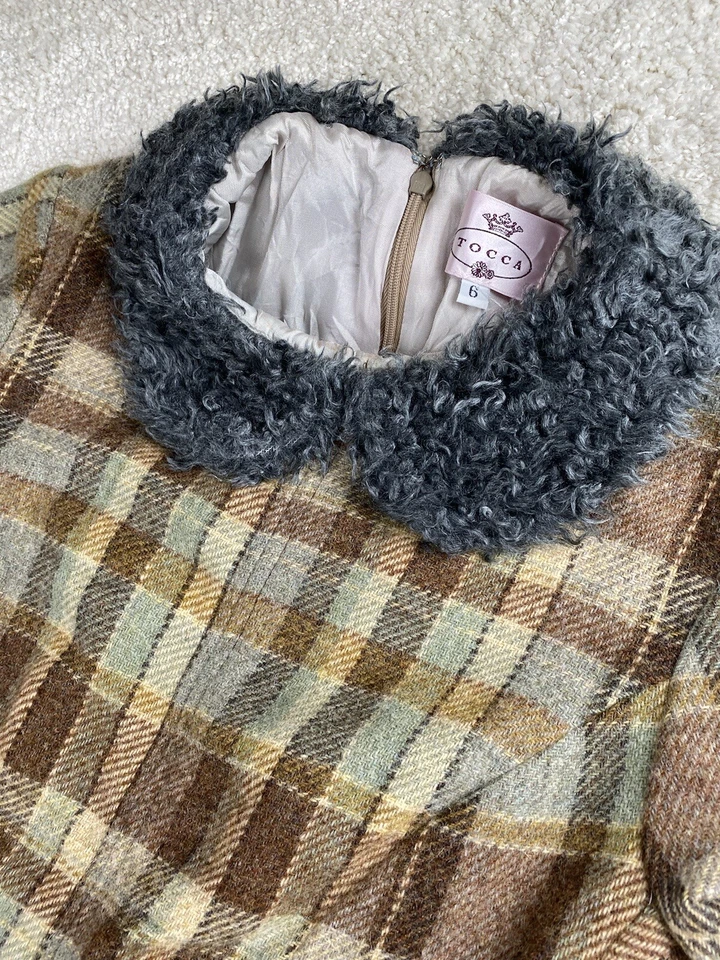 Tocca Dress Women's 6 Brown Plaid Wool Faux Fur Collar Short Sleeve Pencil Retro - Image 3 of 4