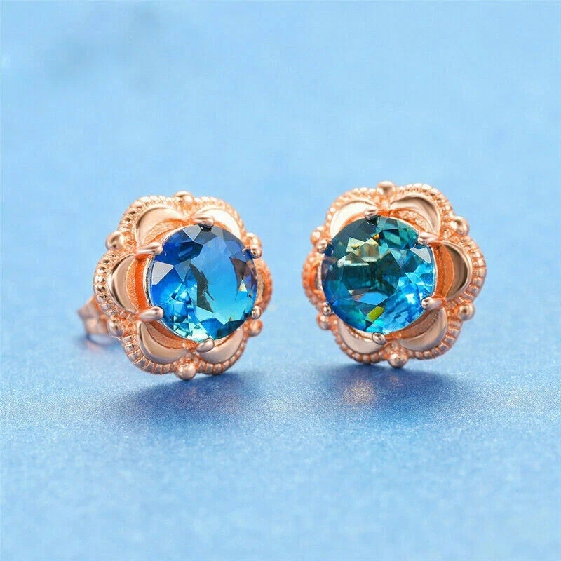 2 CT Round Simulated Blue Topaz Flower Shape Stud Earrings 14k Rose Gold Plated - Image 3 of 4