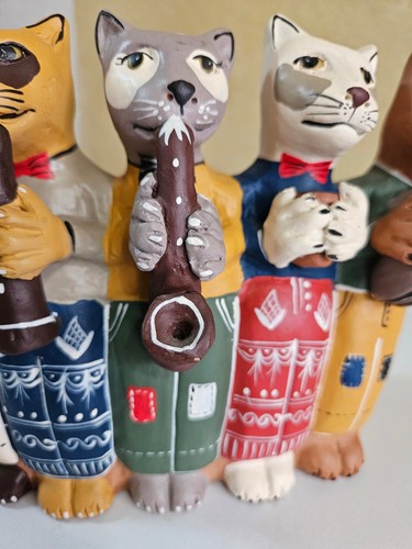 Clay Pottery Folk Art Figurine 5 Cats Dressed Playing Various Music Instruments - Picture 6 of 17