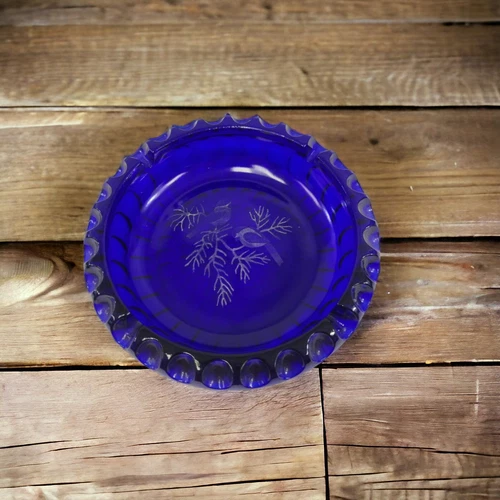 Fenton Cobalt Blue 6.5" Etched 2 x Birds on Twigs inside Ashtray
