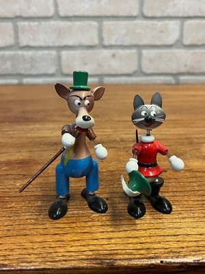 Vintage Hand Painted Wood Cat & Wolf Bobble Nodder Goula Spain Puss N Boots