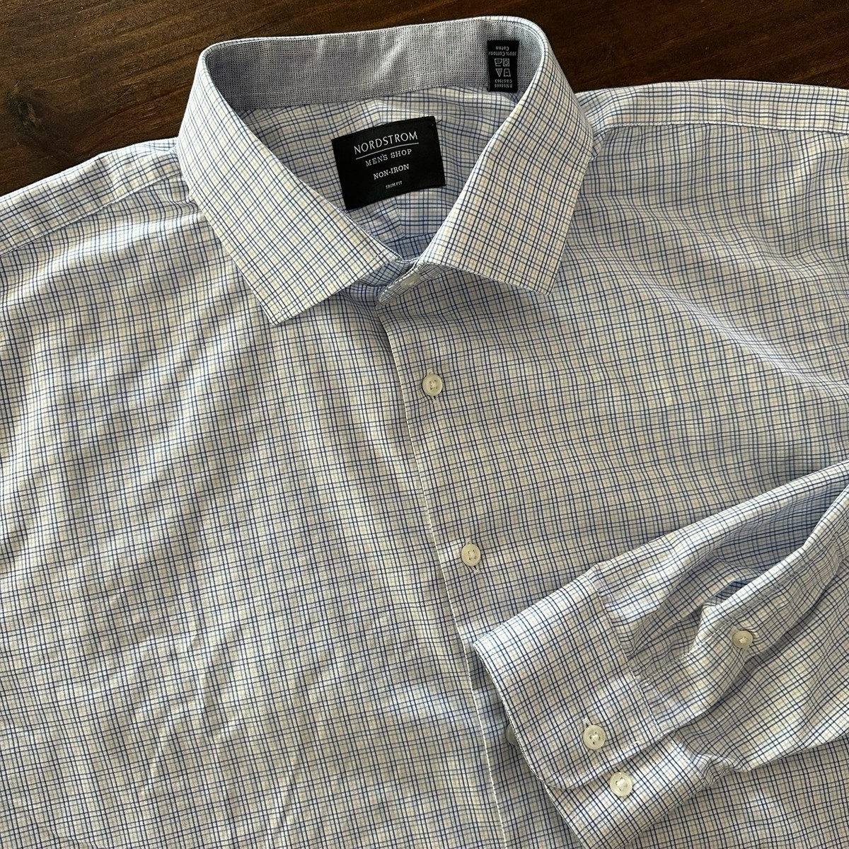 Nordstrom Dress Shirt Mens 17.5 XL Blue Check Non Iron Long Sleeve Button  Front