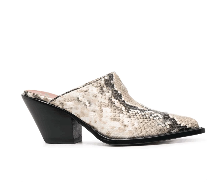 Snakeskin Pattern Mules Mens Real Leather Slippers Pointed Toe Block Heel Shoes