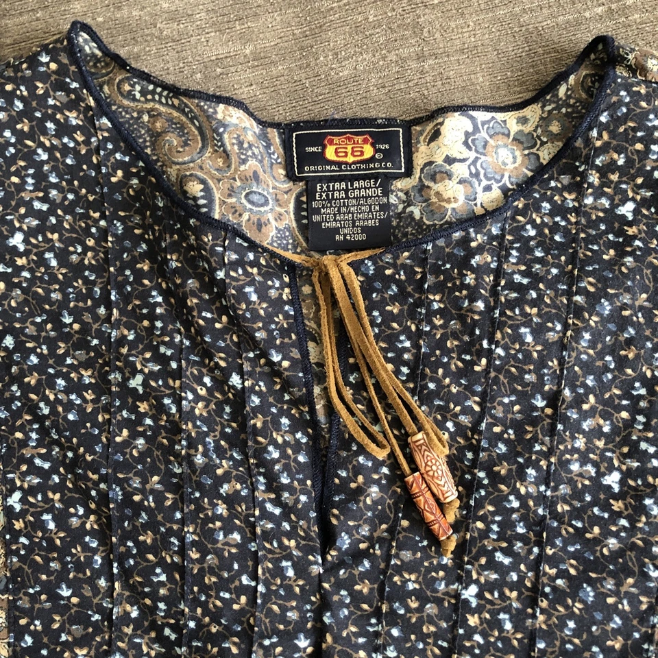 Camisa túnica 100 % algodón Prairie Boho XL para mujer Route 66 marrón azul marino cuero superior Foto 3 de 4
