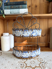 Vintage Wire Rattan Shelf Unit Blue White Tiled Trims French Country Farmhouse