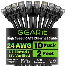 Cat 6 Ethernet Cable 10 Pack 2ft Black RJ45 Patch Cord 10Gbps Snagless Connector