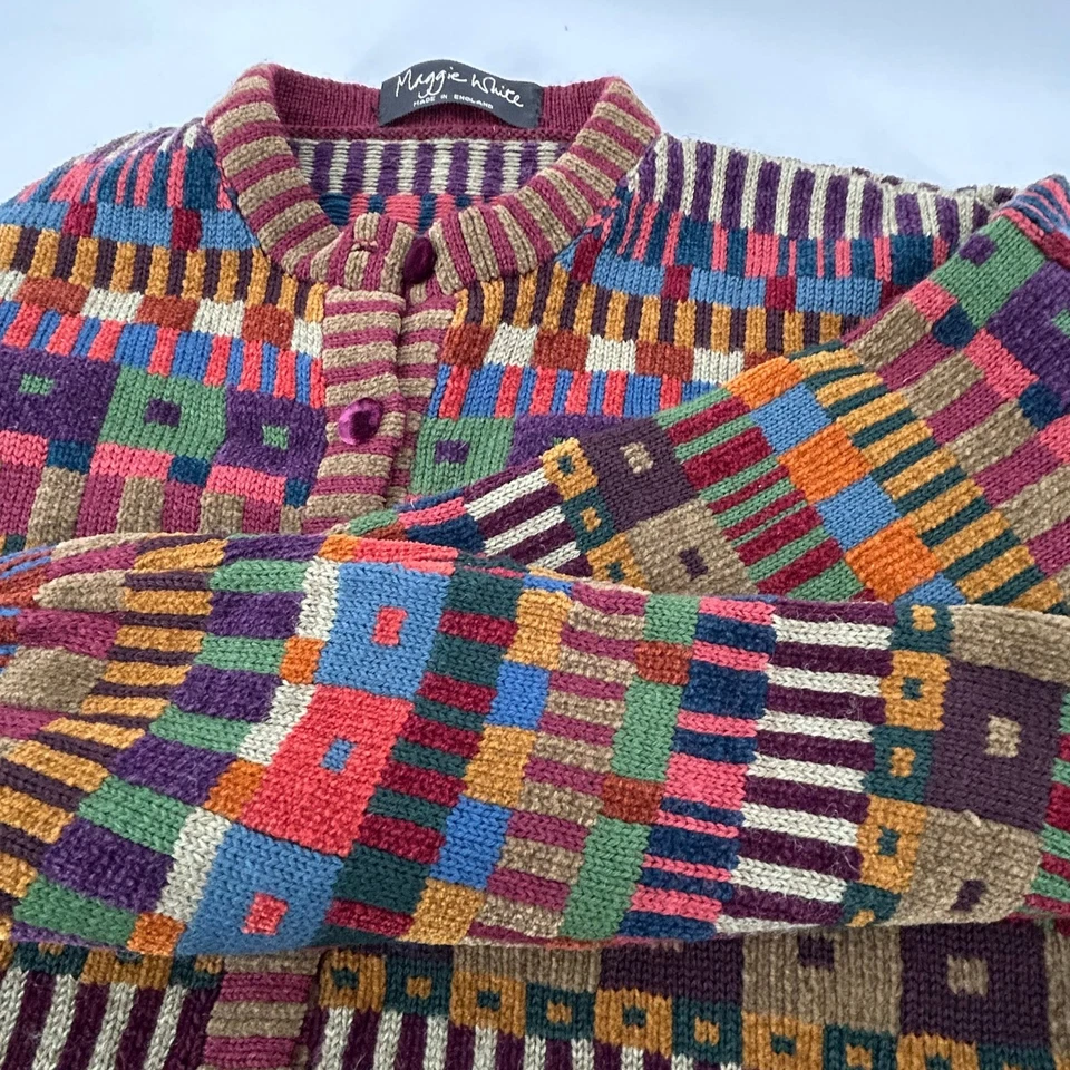 Cárdigan suéter Maggie blanco Inglaterra abotonado para mujer cuadros L 100 % lana suave Foto 2 de 4