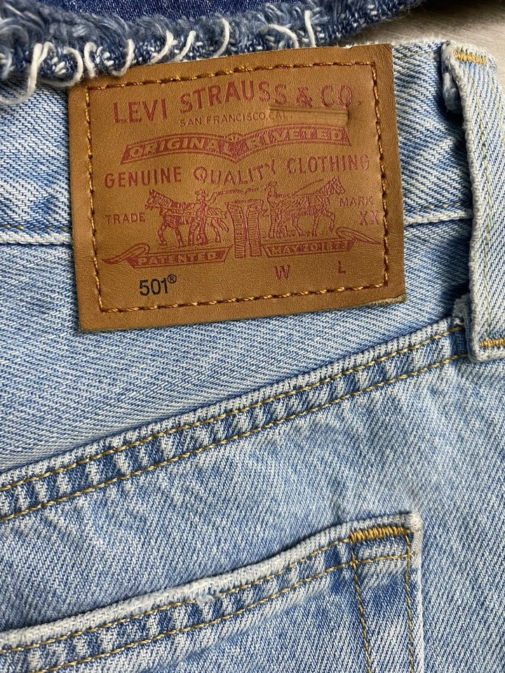 X2Levis 501 Denim Jean Shorts Womens L Blue Button Fly Cut Off Distressed Grunge - Image 4 of 4