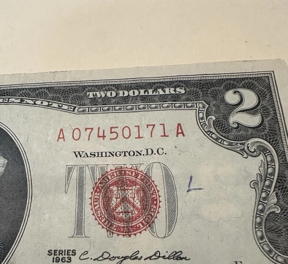 Two Dollar Bill 1963 Fancy Serial Number Very Low Off-Center Cut Red Stamp - Image 3 of 4