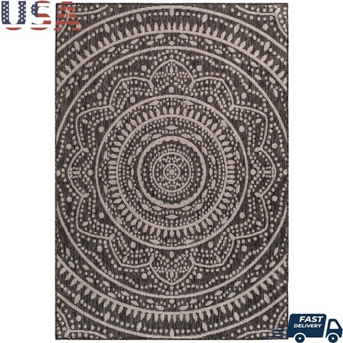 Gray Medallion Outdoor Area Rug Weather Resistant Durable Mat Indoor Outdoor Use