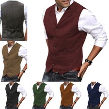 Formal Mens Tweed Waistcoats Notch Vest Herringbone Groomsman Wool Wedding S-3XL