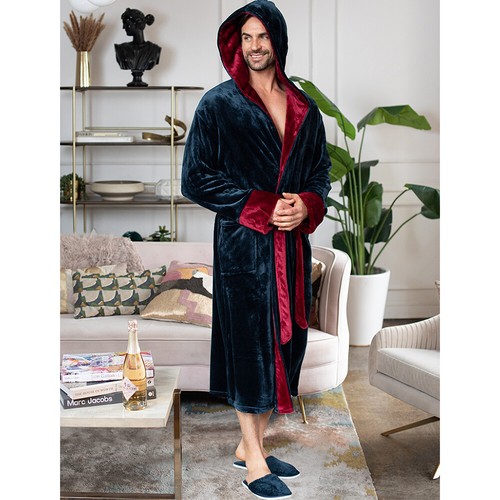 LOTUS LINEN Men Hooded Plush Robes Mens Fleece Long Spa Soft Bathrobes Sets - Picture 14 of 45