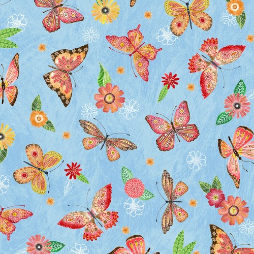 Fabric Butterflies Floral Flight Blue Wilmington Cotton 1/4 Yard 11157-437 - Picture 1 of 2
