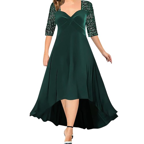 Plus Size Women Solid V Neck Velvet Formal Dress Sequins Half Sleeve Pary Dress - Picture 31 of 36