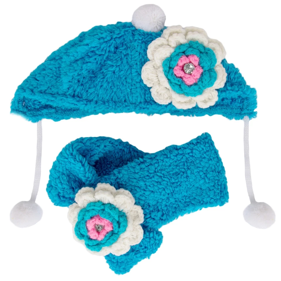Conjunto de sombrero y bufanda cálidos de invierno con patrón floral tejido para disfraces de cachorro de perro mascota Foto 3 de 4
