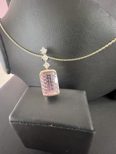 14K YellowGold Natural 6.36CT Emerald Cut Pink Kunzite Diamond Pendant Chain - Picture 18 of 24